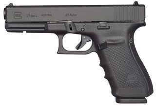 GLOCK G21 gen 4 45 caliber handgun features steel sights and is blue label for LEO only